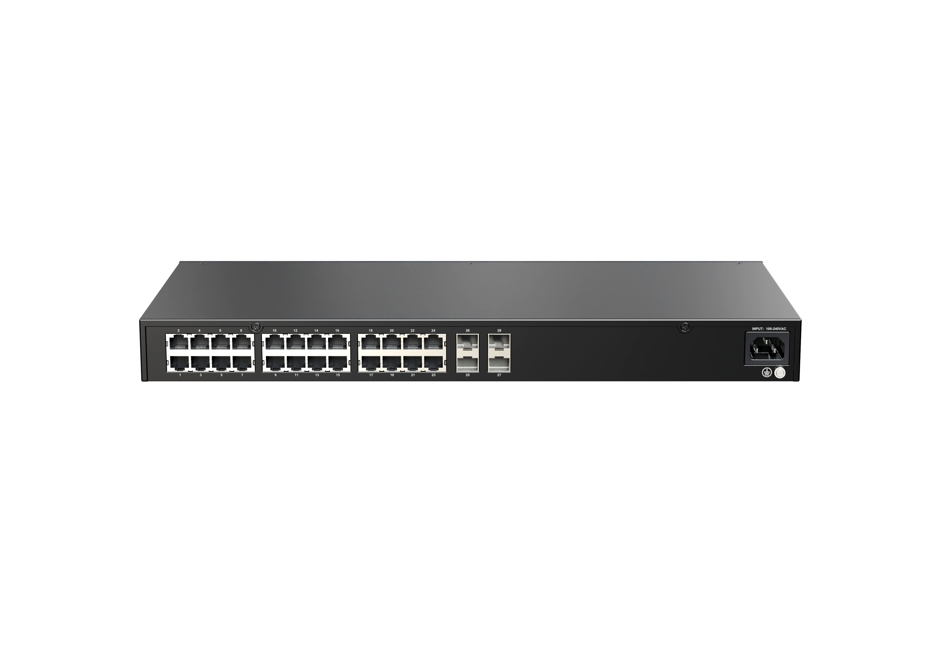 Black 28-port network switch with RJ45 ports.