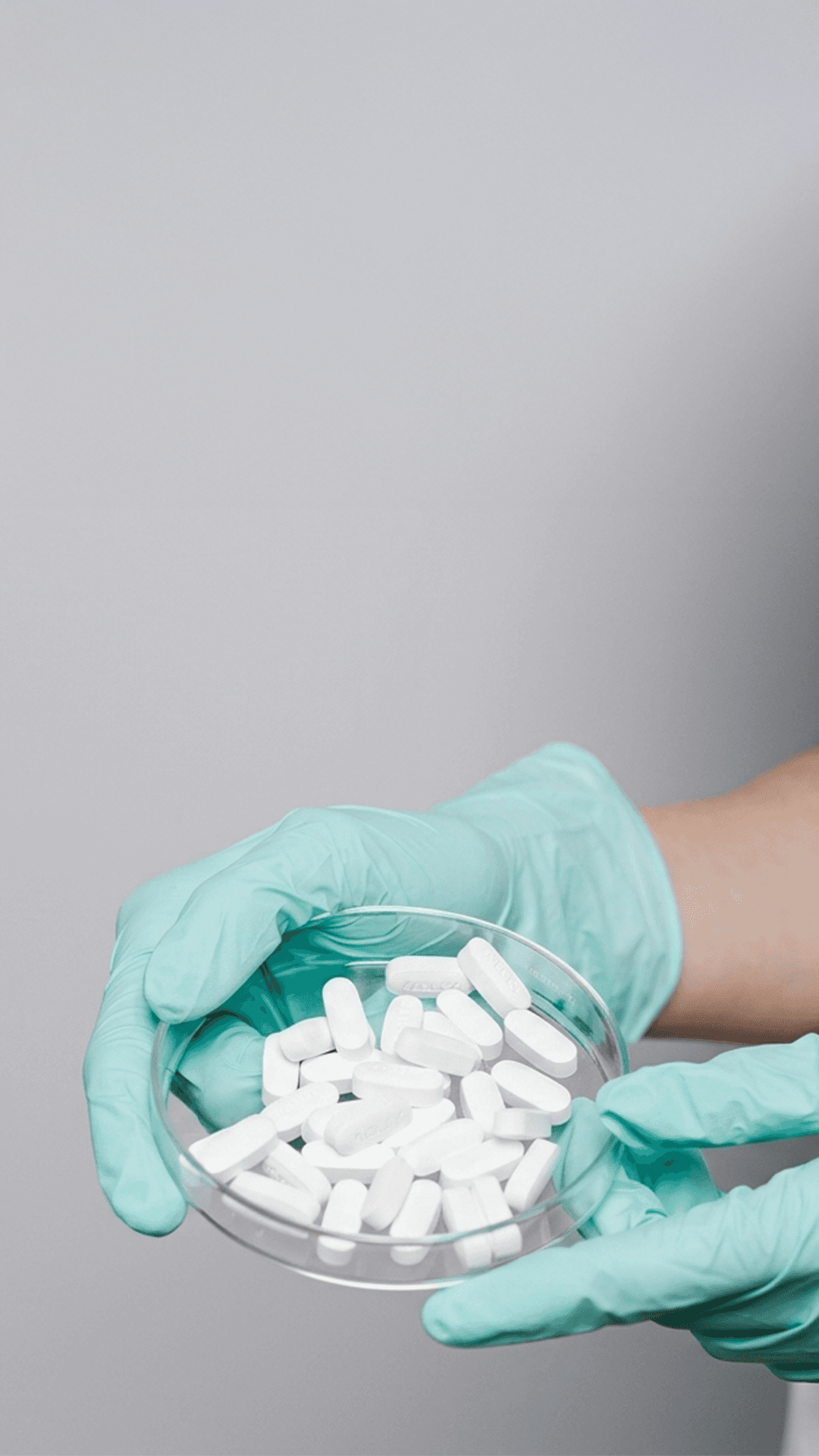 Tabletten in Schale mit Handschuhen