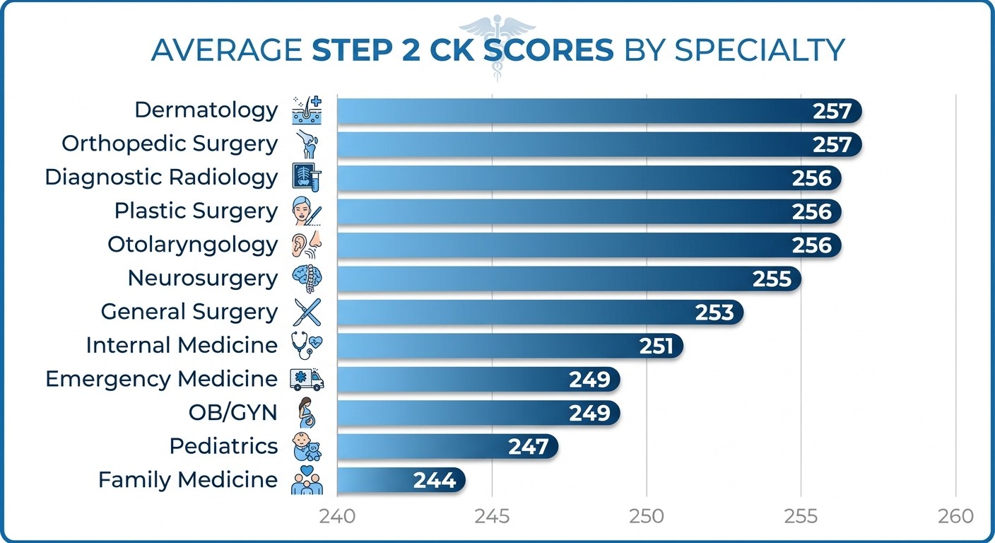 Step 2 CK score distribution by specialty comparison chart