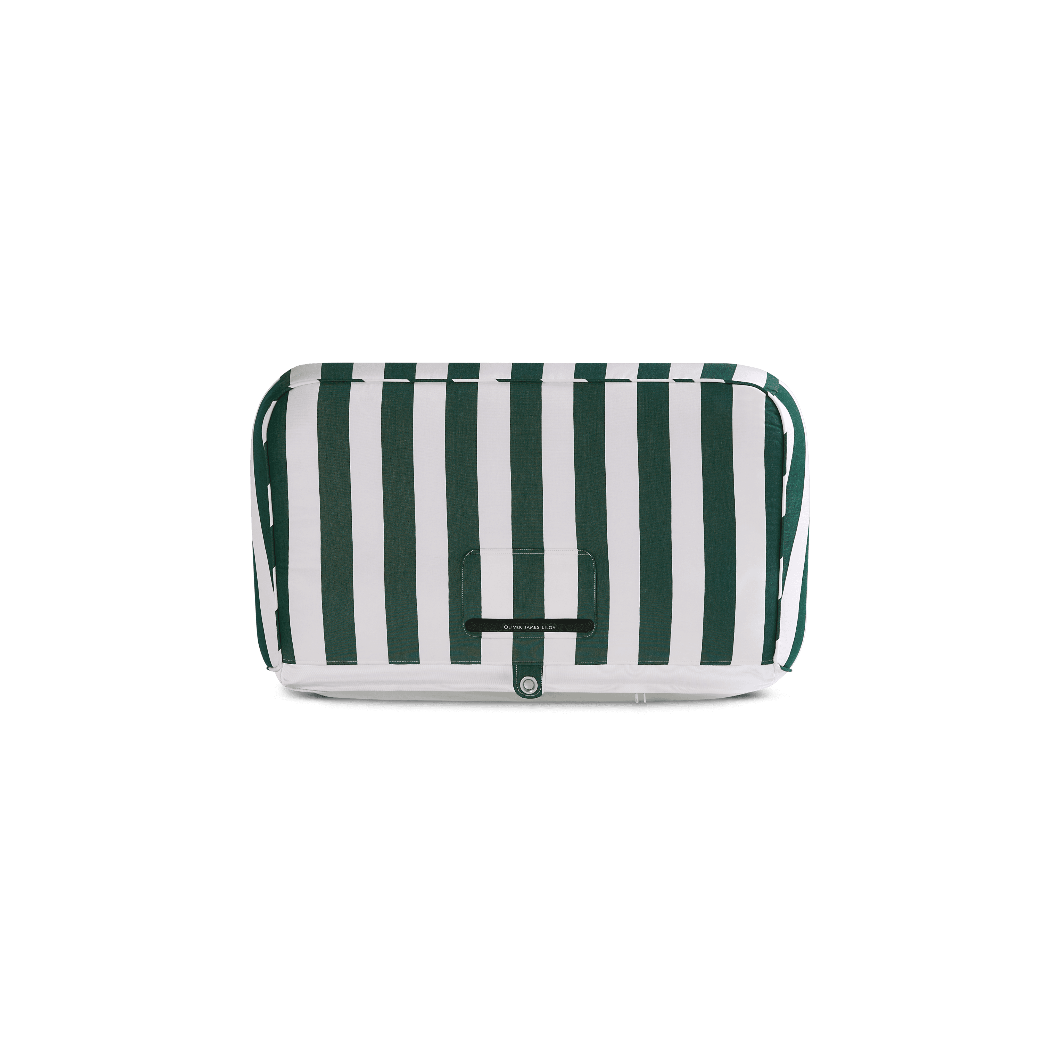 Back-facing pool float in green-and-white stripe canvas showing quilted panels, fabric handle, and stainless eyelet