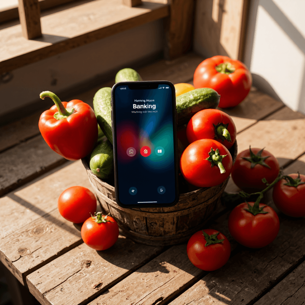 product photography of a smartphone displaying a banking app interface