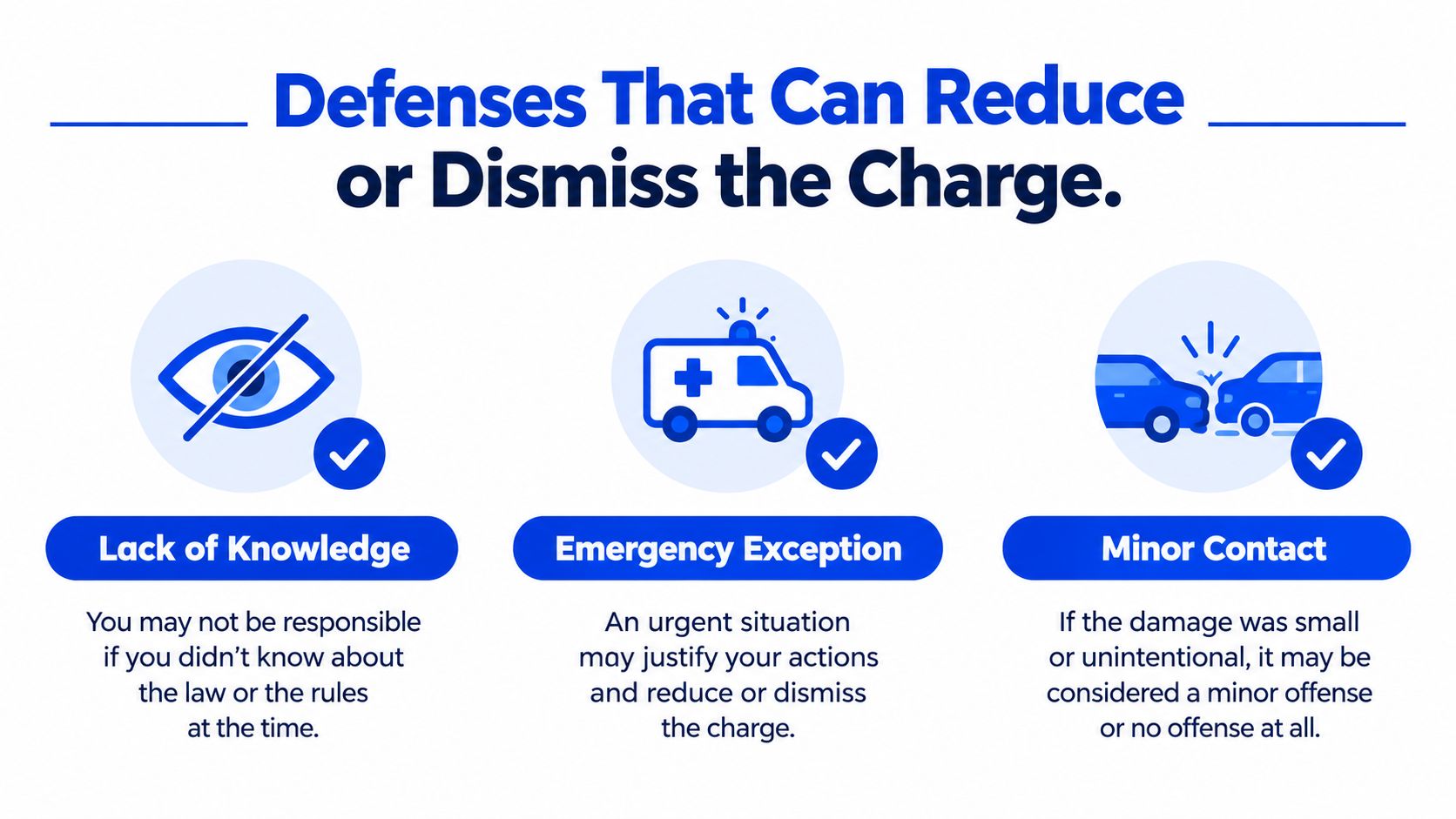An infographic detailing common legal defenses that can reduce or dismiss charges for leaving an accident scene.