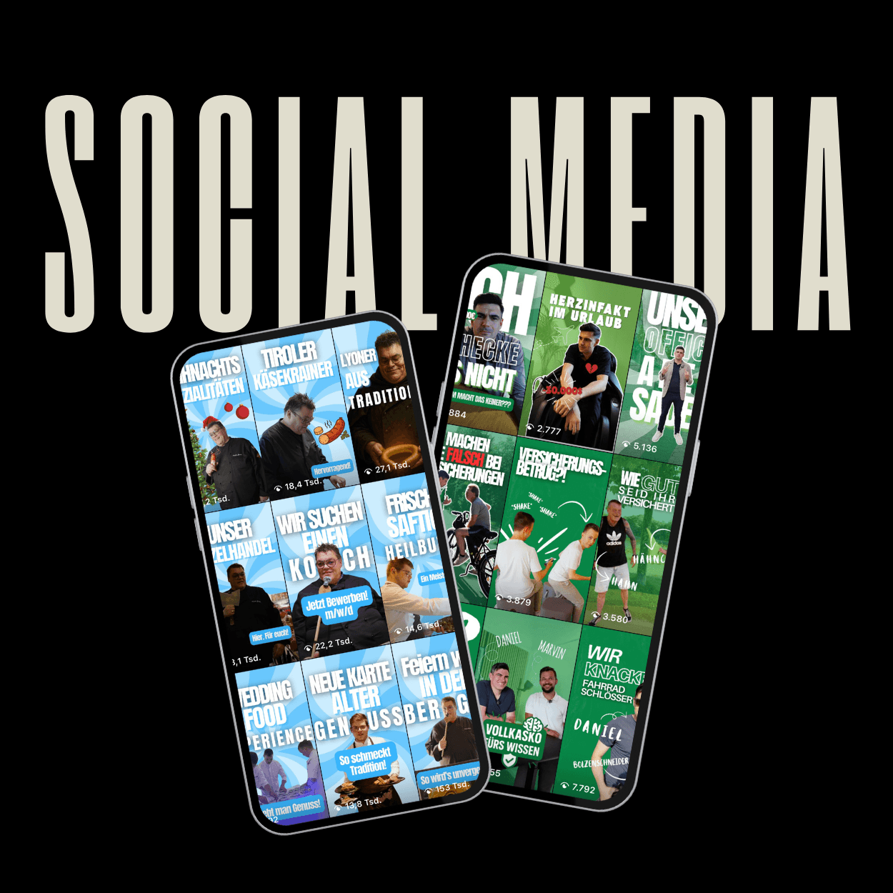 Große Überschrift: "Social Media" und im Vordergrund zwei iPhones mit Social Media Kanälen der Kunden von MindWebMedia auf Instagram