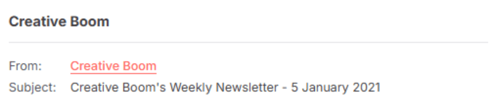  The sender is "Creative Boom," and the subject line reads "Creative Boom's Weekly Newsletter - 5 January 2021," indicating a newsletter.