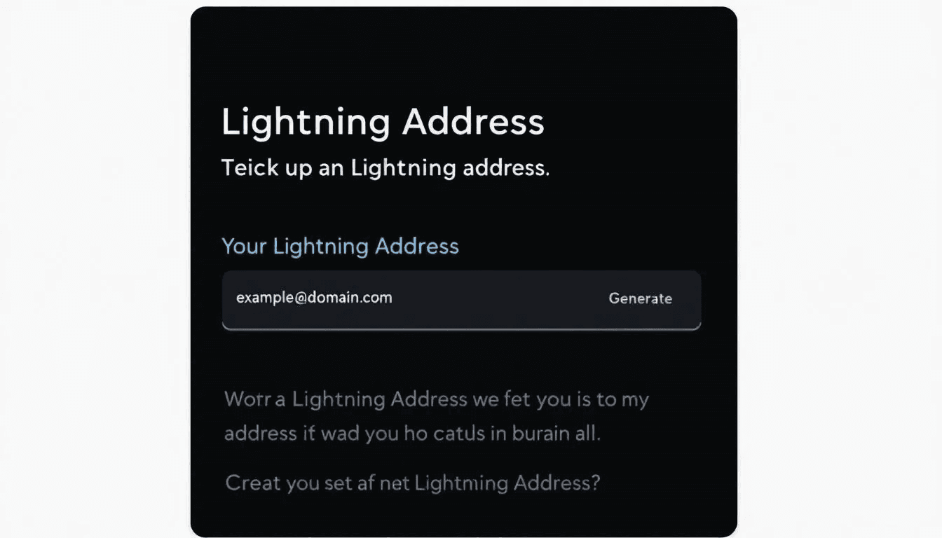 The image shows a mobile wallet interface displaying options for setting up a lightning address, which serves as a human-readable identifier for sending and receiving bitcoin payments easily. This setup allows users to create their own lightning address, simplifying the payment process on the lightning network and enhancing the convenience of bitcoin transactions.