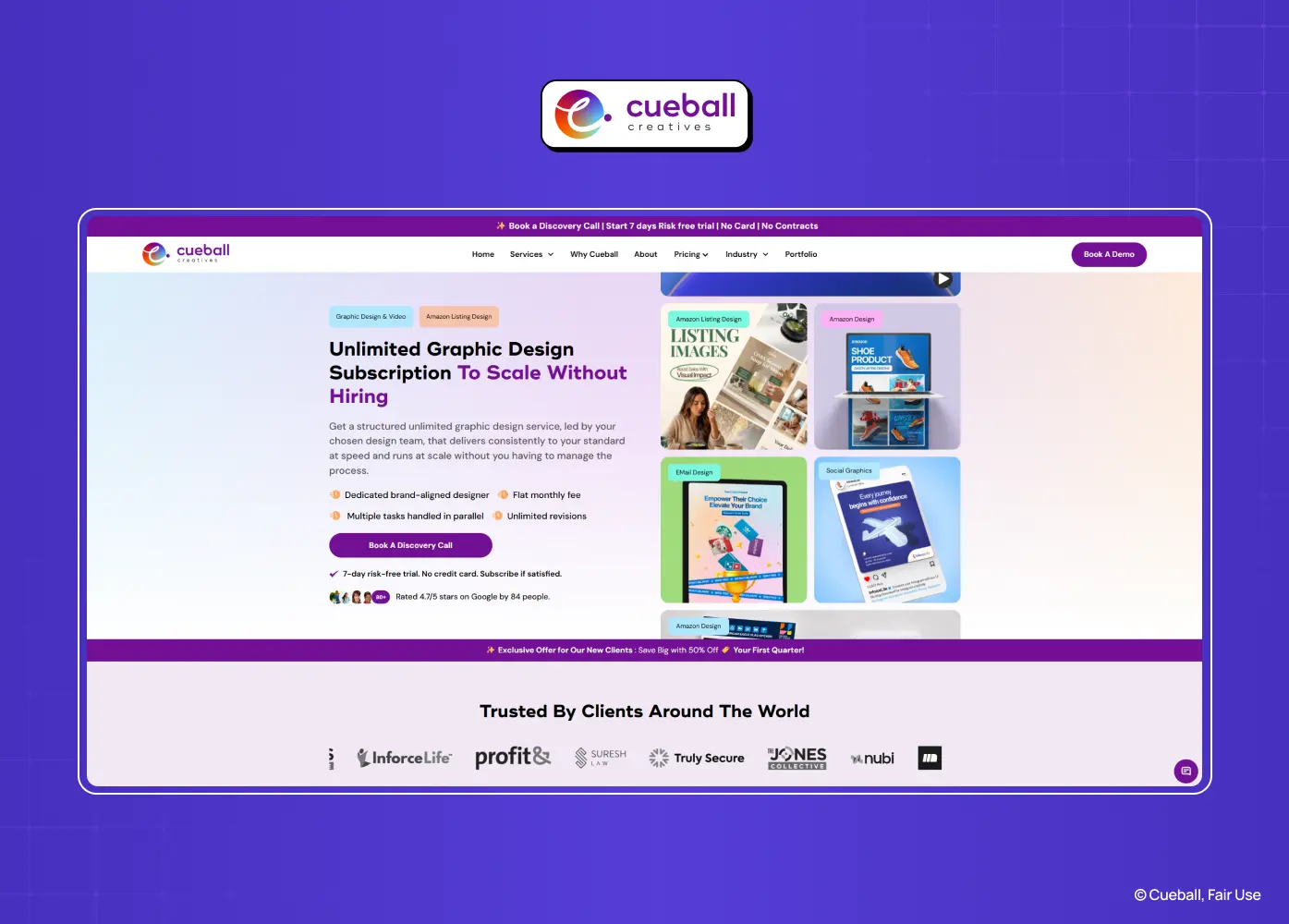Homepage of Cueball Creatives highlighting unlimited graphic design subscriptions for businesses and marketing teams.