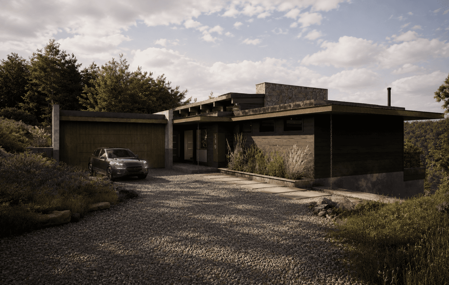 Modern custom home surrounded by mature trees with minimalist architecture, natural stone accents, and integrated landscape design