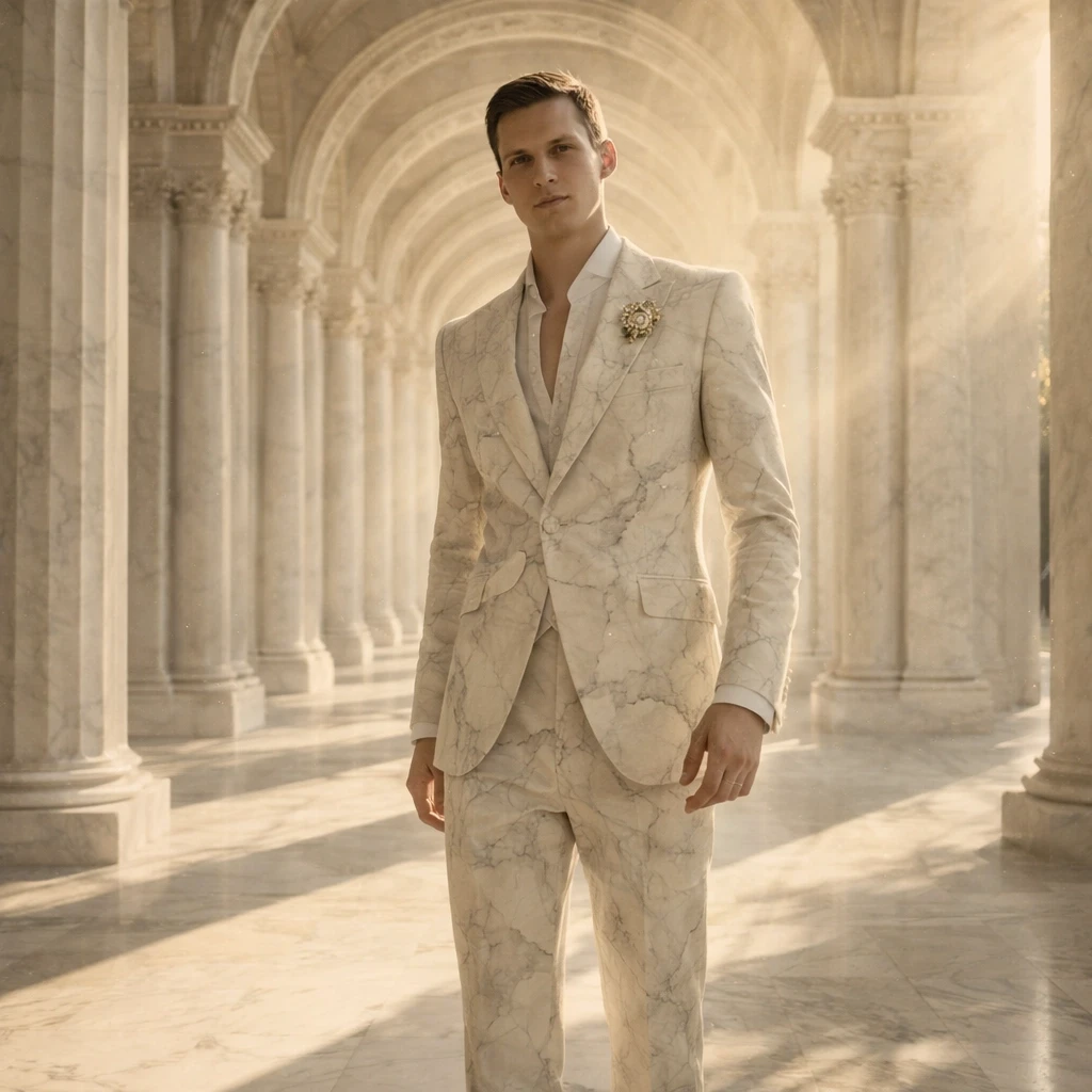 Man in marble corridor with arches