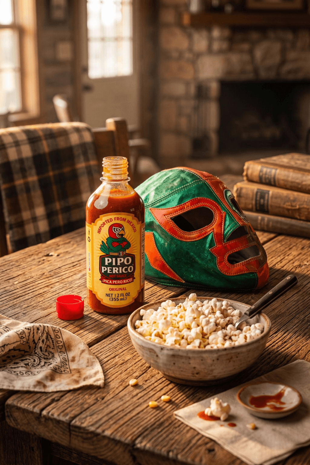 Pipo Perico hot sauce beside popcorn and a colorful lucha libre mask on a rustic table, highlighting Mexican-inspired flavor.