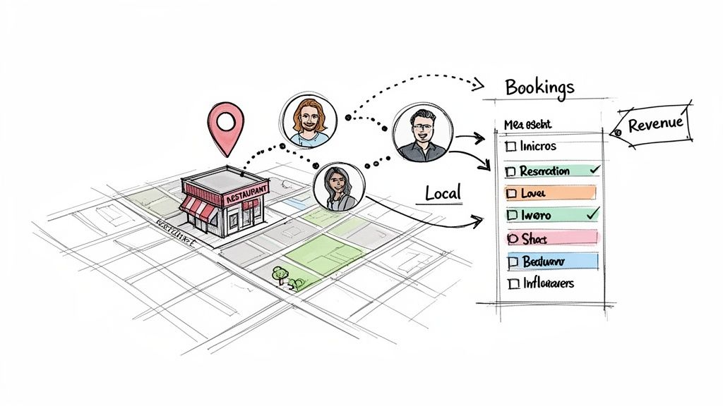 Illustration of a restaurant on a map, connecting local customers to bookings and revenue generation.