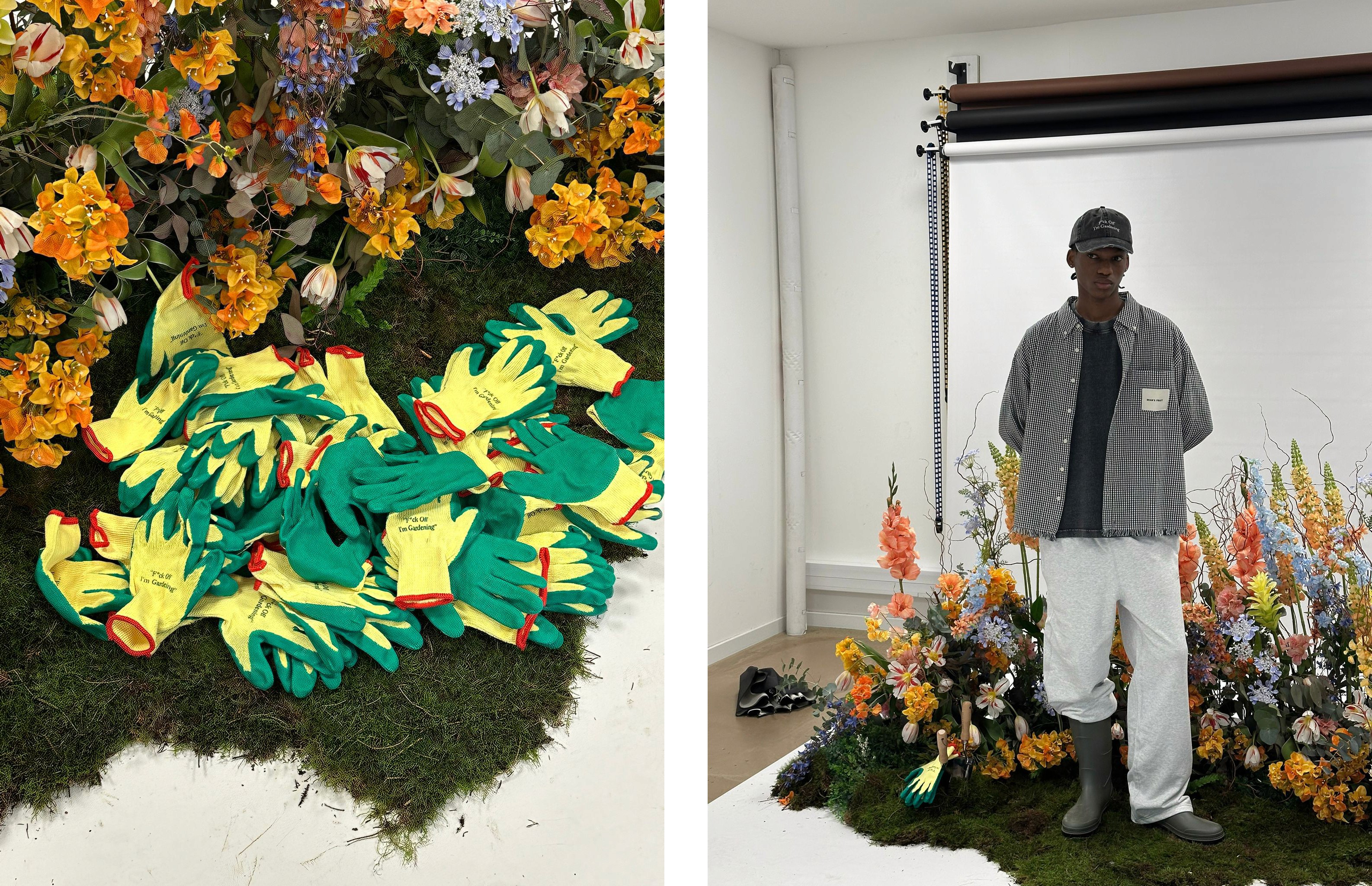 des gants de kardinage Bram's Fruit dans le cadre du shooting, avec des fleurs