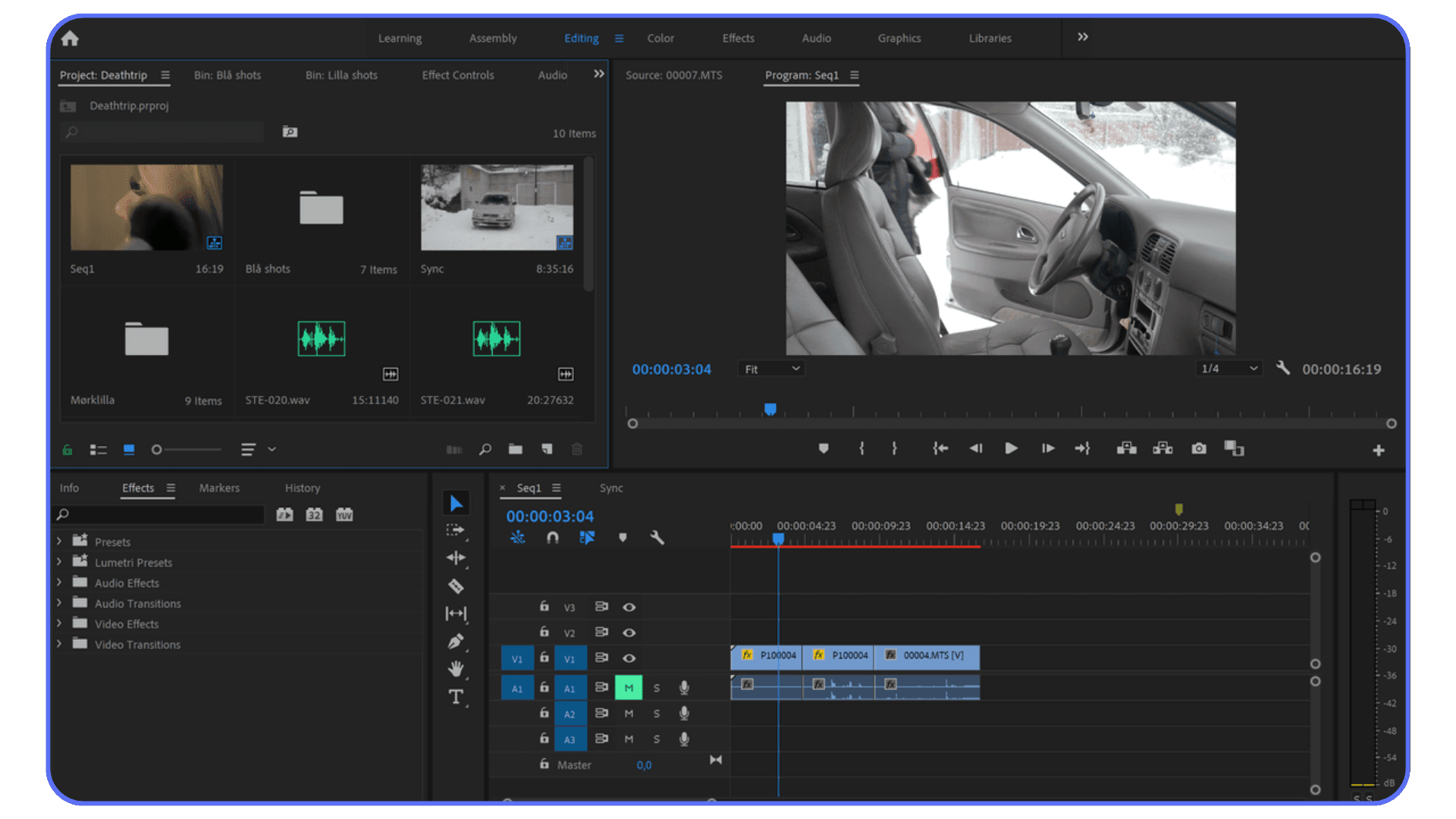 Premiere Pro project panel and timeline with video and audio clips arranged for a narrative edit