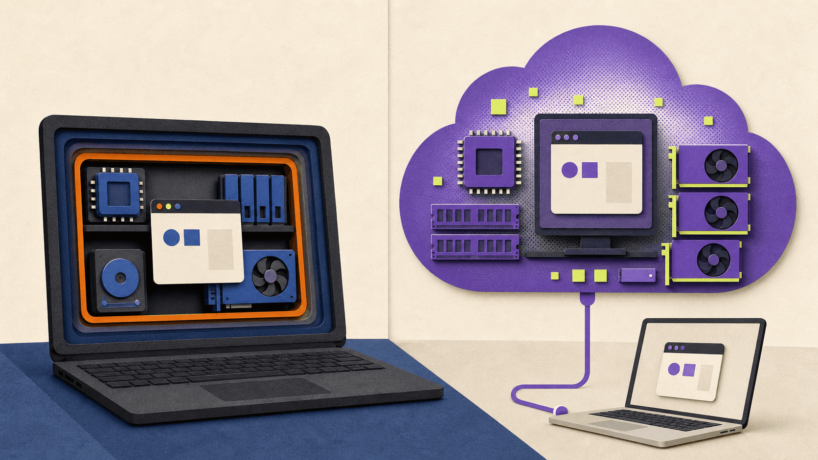 Split editorial illustration comparing a laptop running a virtual machine locally with a lightweight device connected to a powerful remote cloud computer.