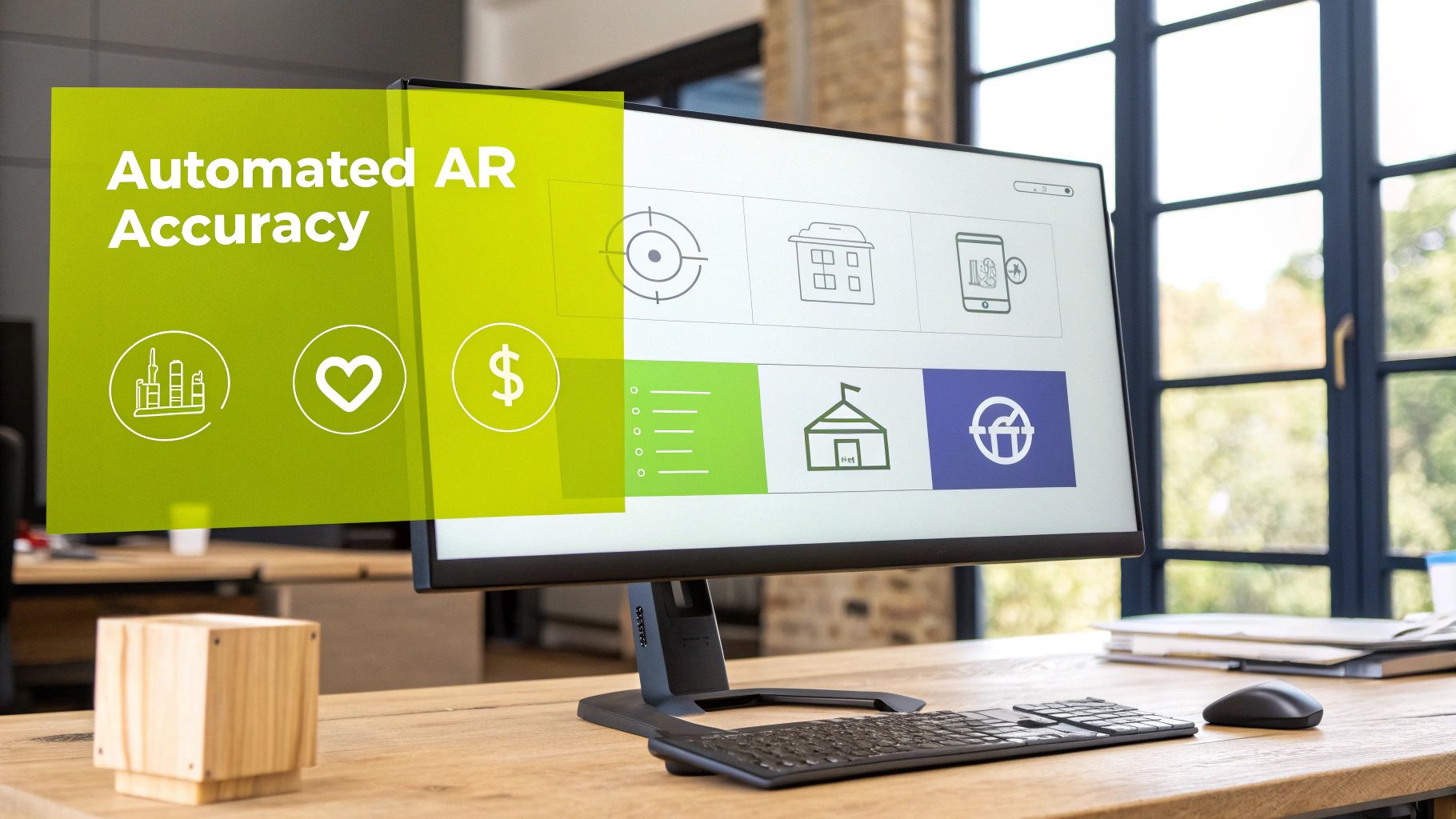 Computer monitor displaying 'Automated AR Accuracy' text on a green overlay with various icons.