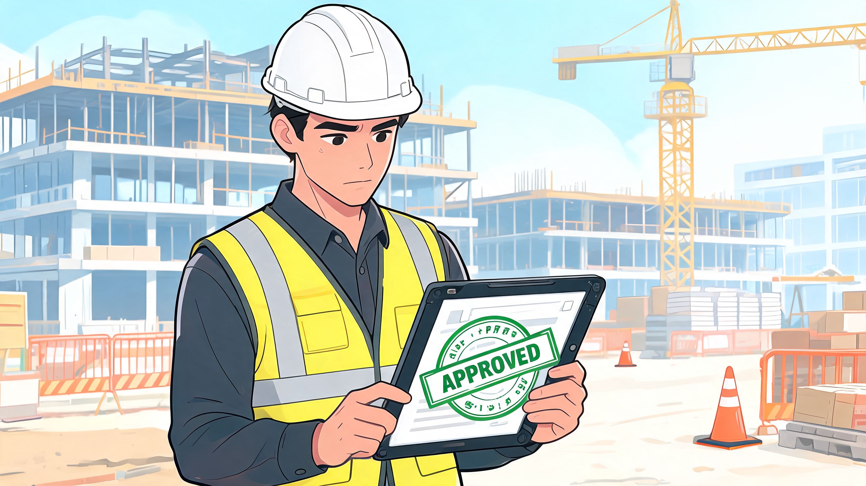 A construction engineer reviewing a digital document marked as approved on a tablet at a building site.