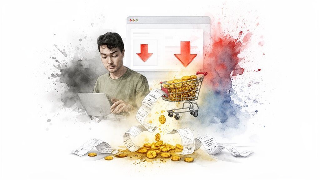 Illustration of a man online shopping, surrounded by receipts, gold coins, and a cart.