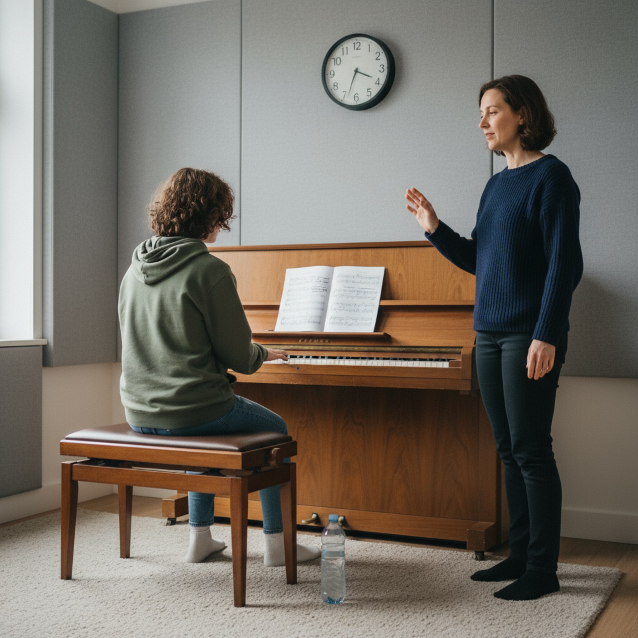 Ein kleiner Raum mit Klavier, gedämpftem Teppich und schallabsorbierenden Paneelen. Ein Schüler sitzt bereit, die Hände über den Tasten, der Dozent gibt ruhige Einsätze. Eine Wasserflasche steht neben dem Hocker, die Uhr zeigt fünf vor. Es herrscht konzentrierte Ruhe vor dem ersten Ton.