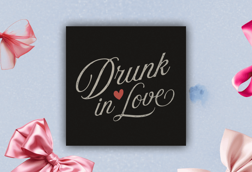 Elegant Galentine’s Day poster with romantic script text 'Drunk in Love' surrounded by soft pink ribbons.