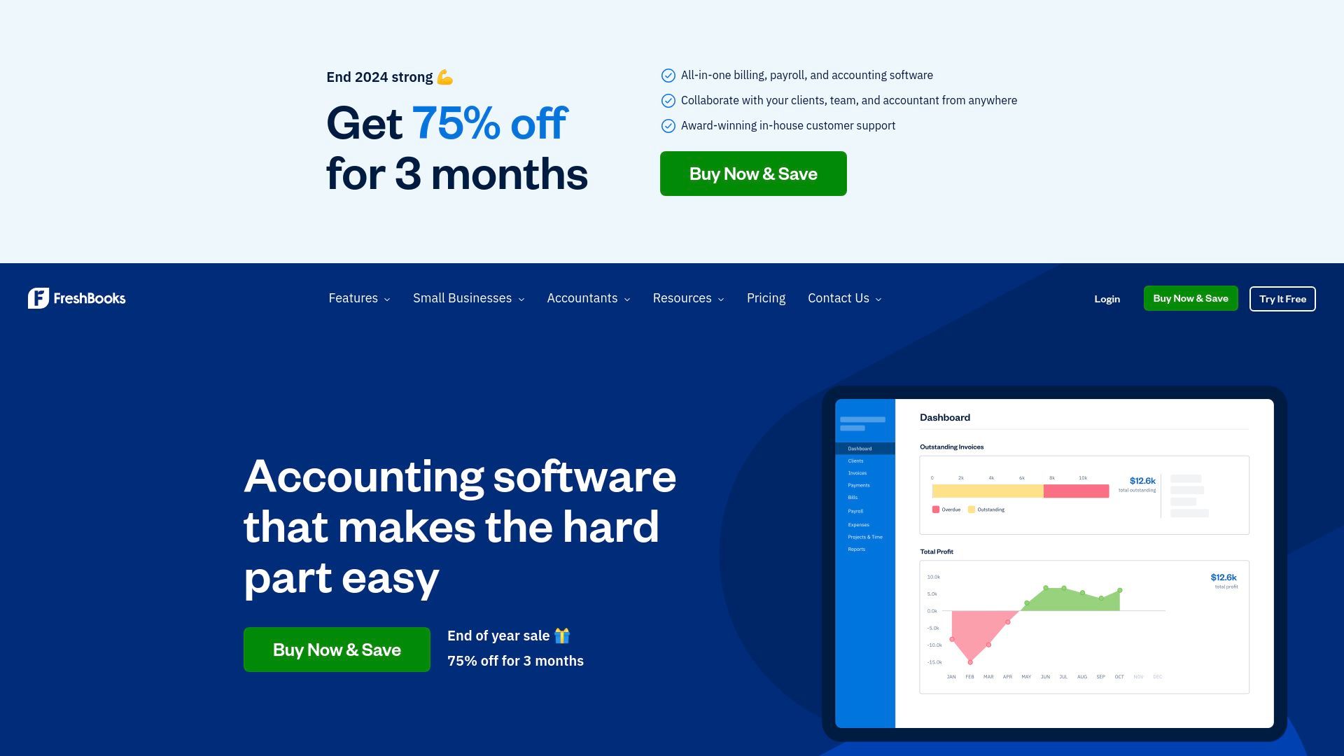 FreshBooks homepage featuring '75% off for 3 months' promotion, dashboard preview showing invoicing and profit tracking graphs, and navigation menu