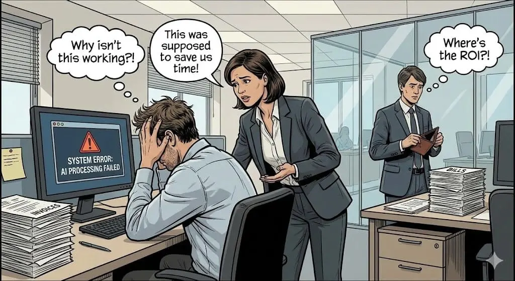 Office workers frustrated by failed AI system with error message and stacks of unprocessed documents