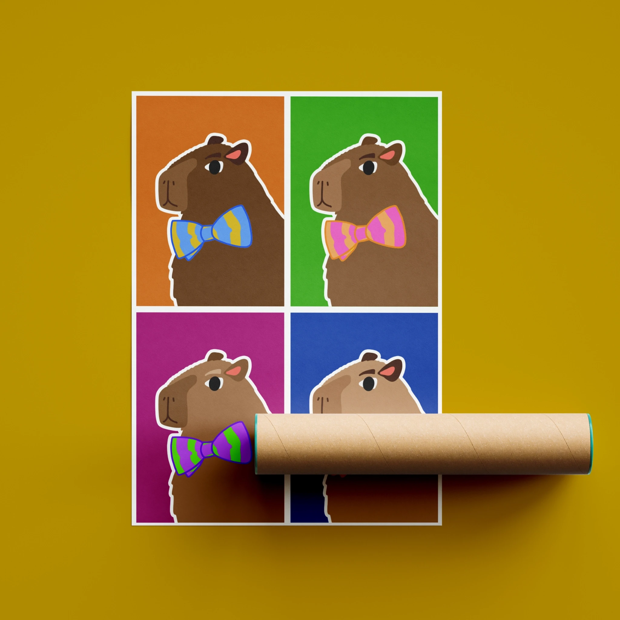 Four capybaras framed with bright backgrounds.