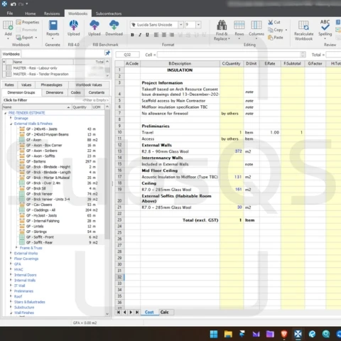 Screenshot of CostX takeoff screen with quantities for Insulation takeoff by SubsQS Ltd