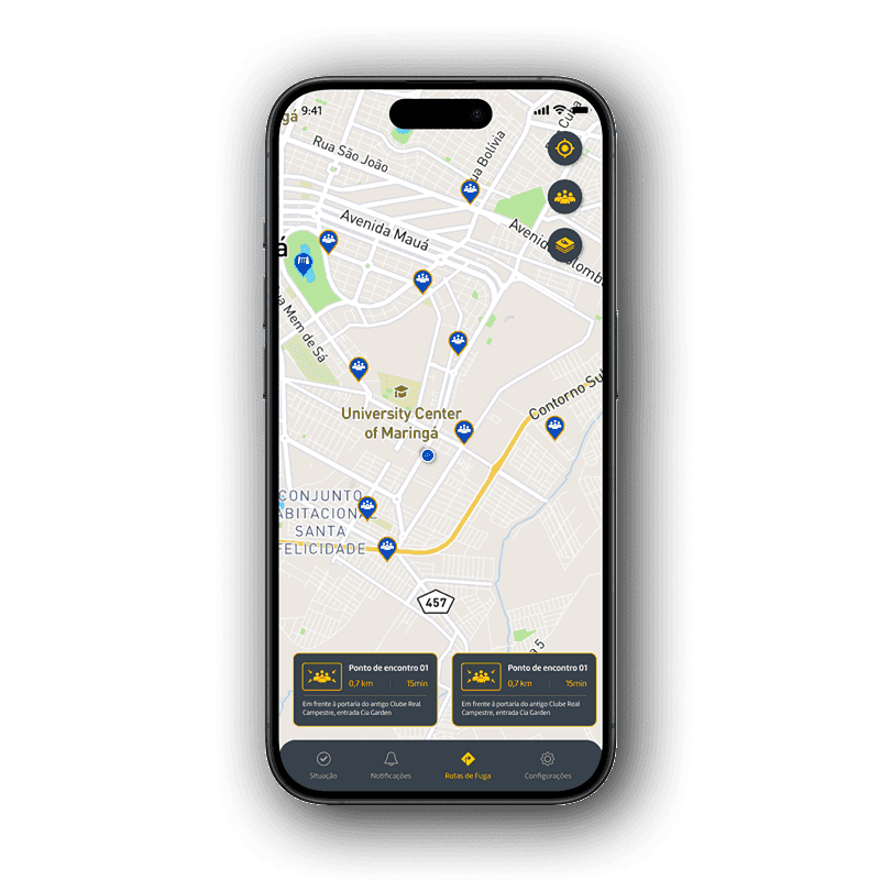 UI do App Alerta Individual exibindo um mapa com pontos de encontro