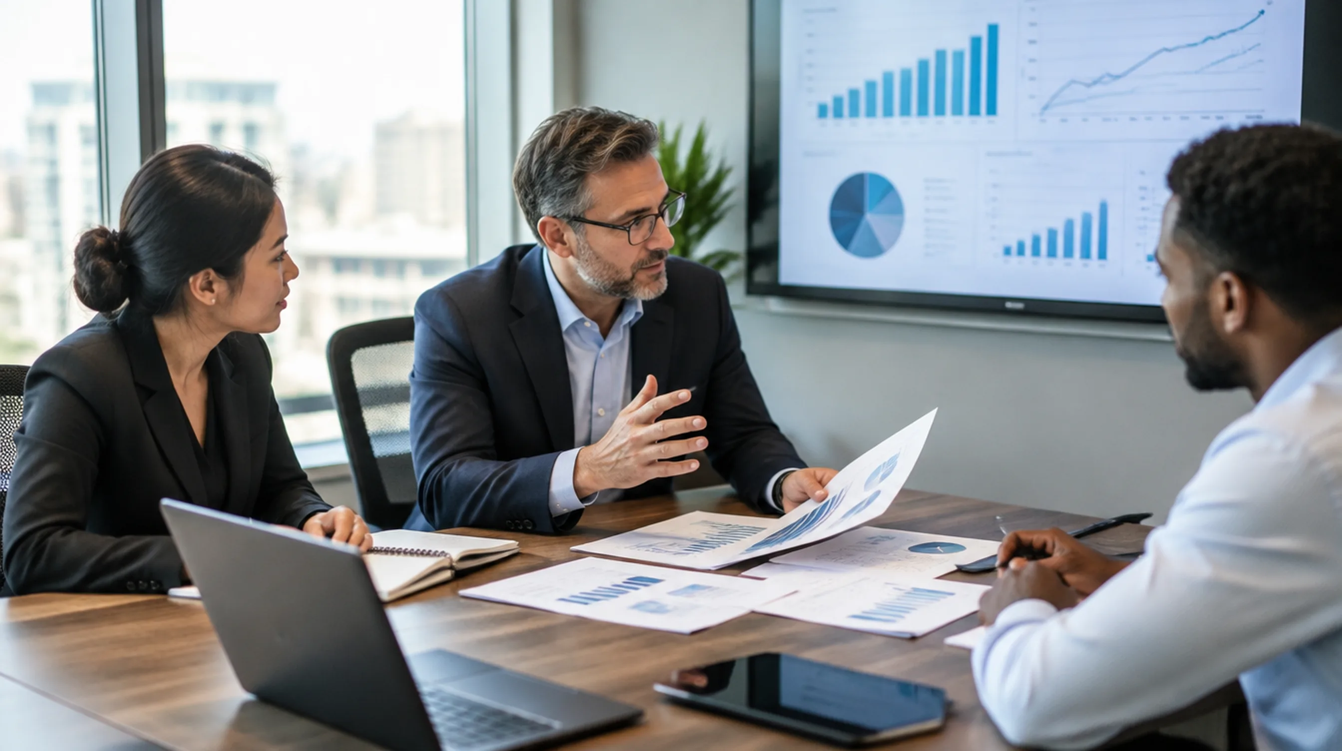 CFO and finance team reviewing financial statements and charts in a conference room