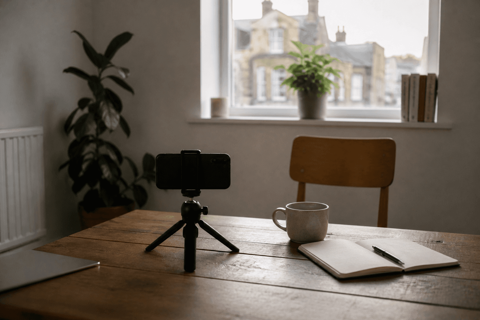 Simple smartphone video setup in a small workspace in Cambridge with natural window light, a notebook, and a coffee mug.