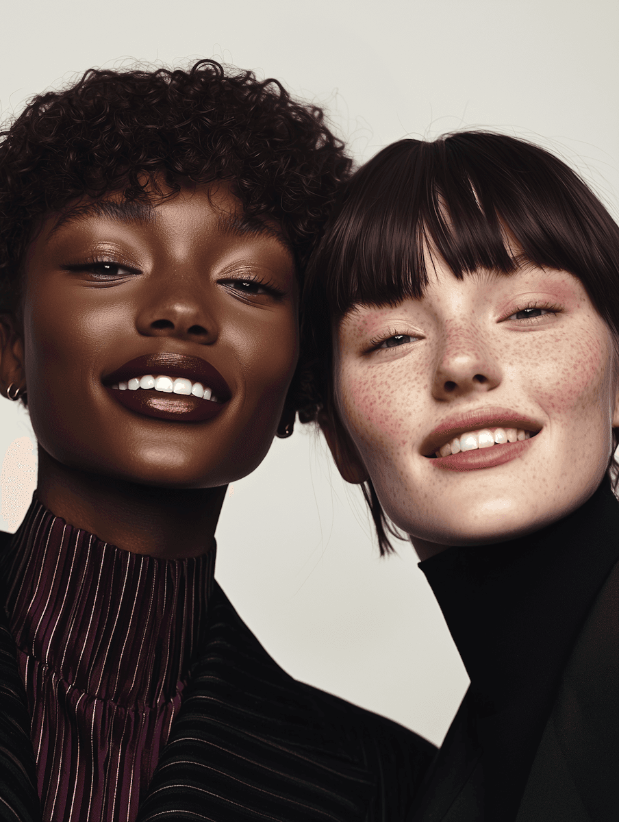 Two smiling models in close-up portrait, one with dark curly hair and burgundy lipstick, one with dark bangs and freckles, wearing black turtlenecks