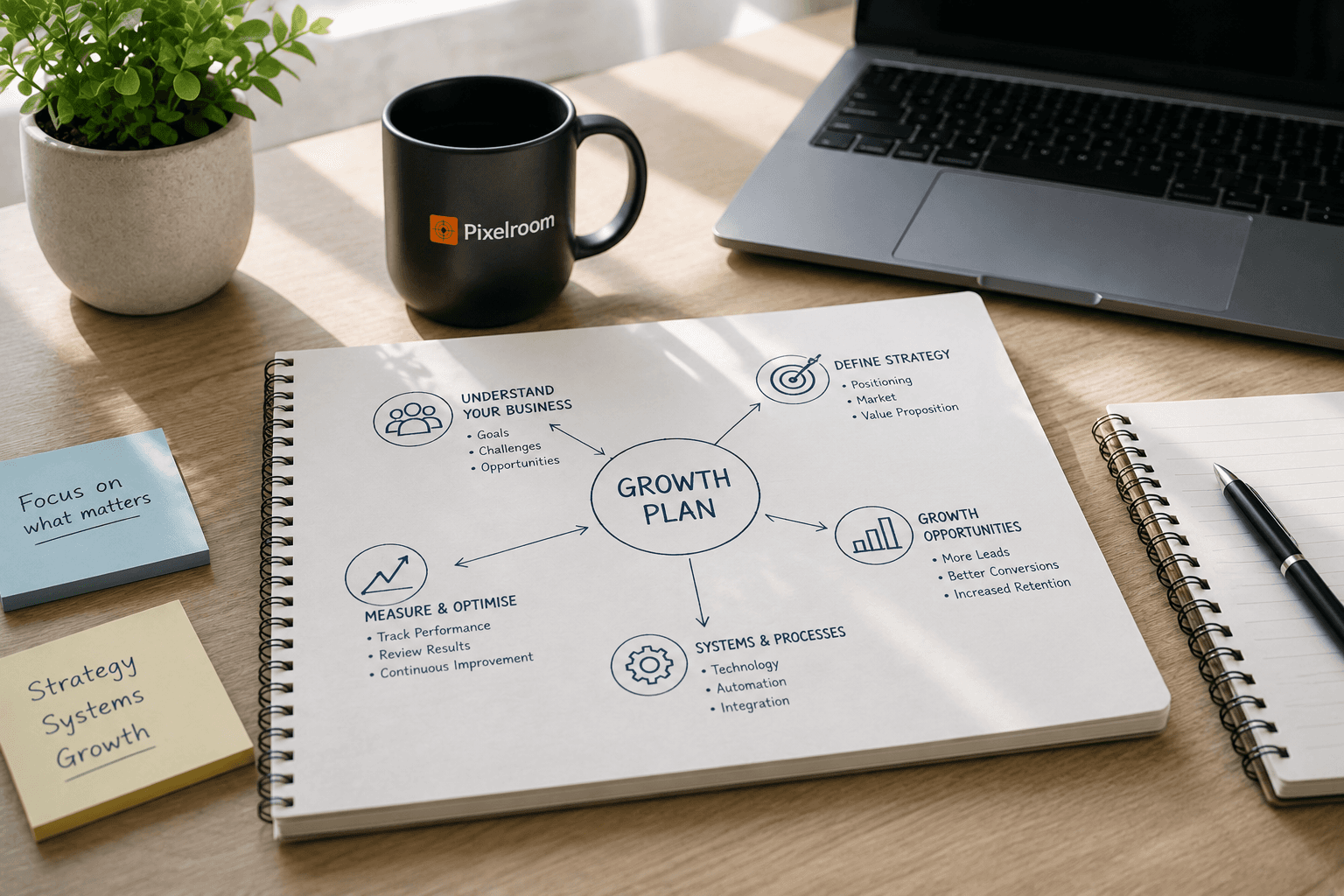 Business growth plan on a desk showing strategic goals, priorities and opportunities for growth.