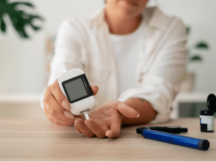 A woman checking her sugar level due to diabetes.