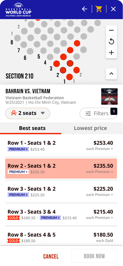 Mobile screenshot of the seat selection tool