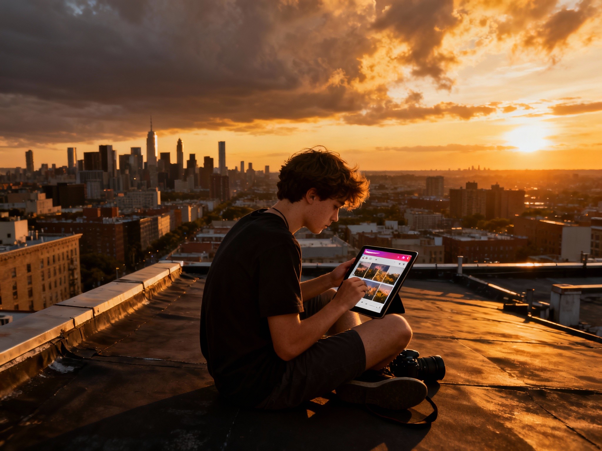 An atmospheric wide-angle landscape of an urban rooftop at sunset, glowing warm golden hour light