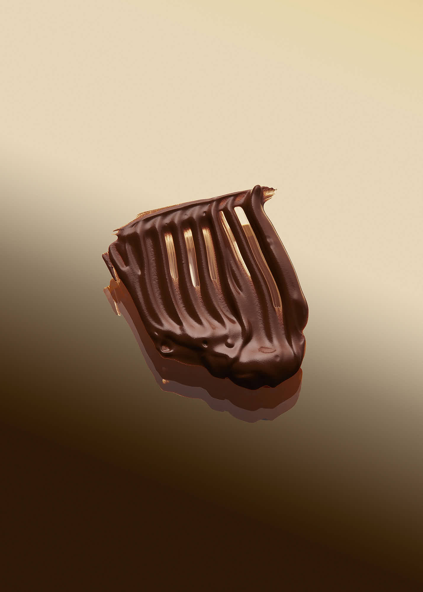 A close-up of a small, chocolate-colored cosmetic mark making resembling a decorative item or a bar.