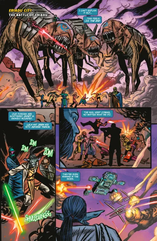 A full colored page from The High Republic Adventures 15 featuring Bogoranth attacking Jedi during the Battle of Eriadu