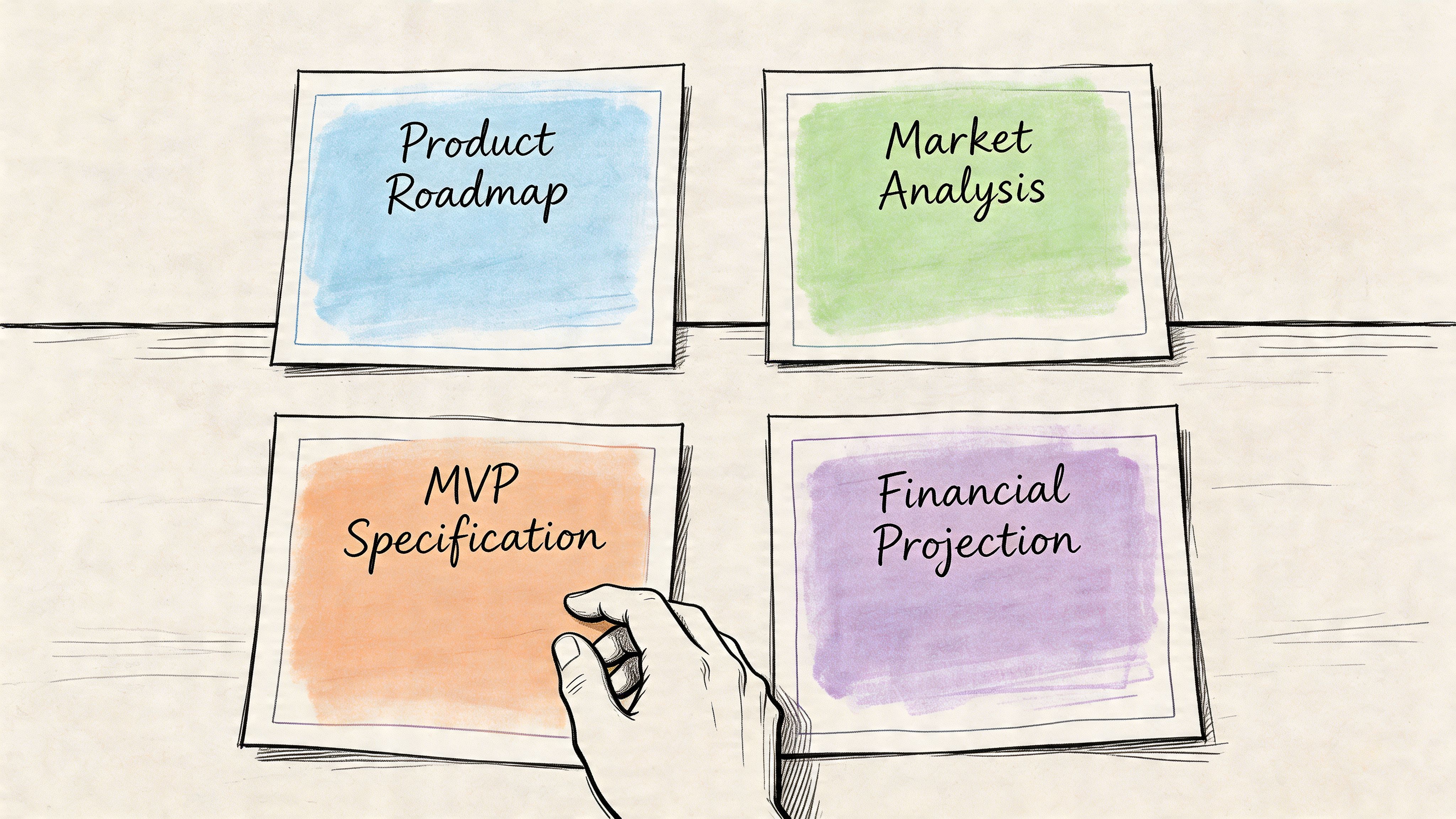 A hand pointing to a card labeled MVP Specification among other business planning cards on a desk.