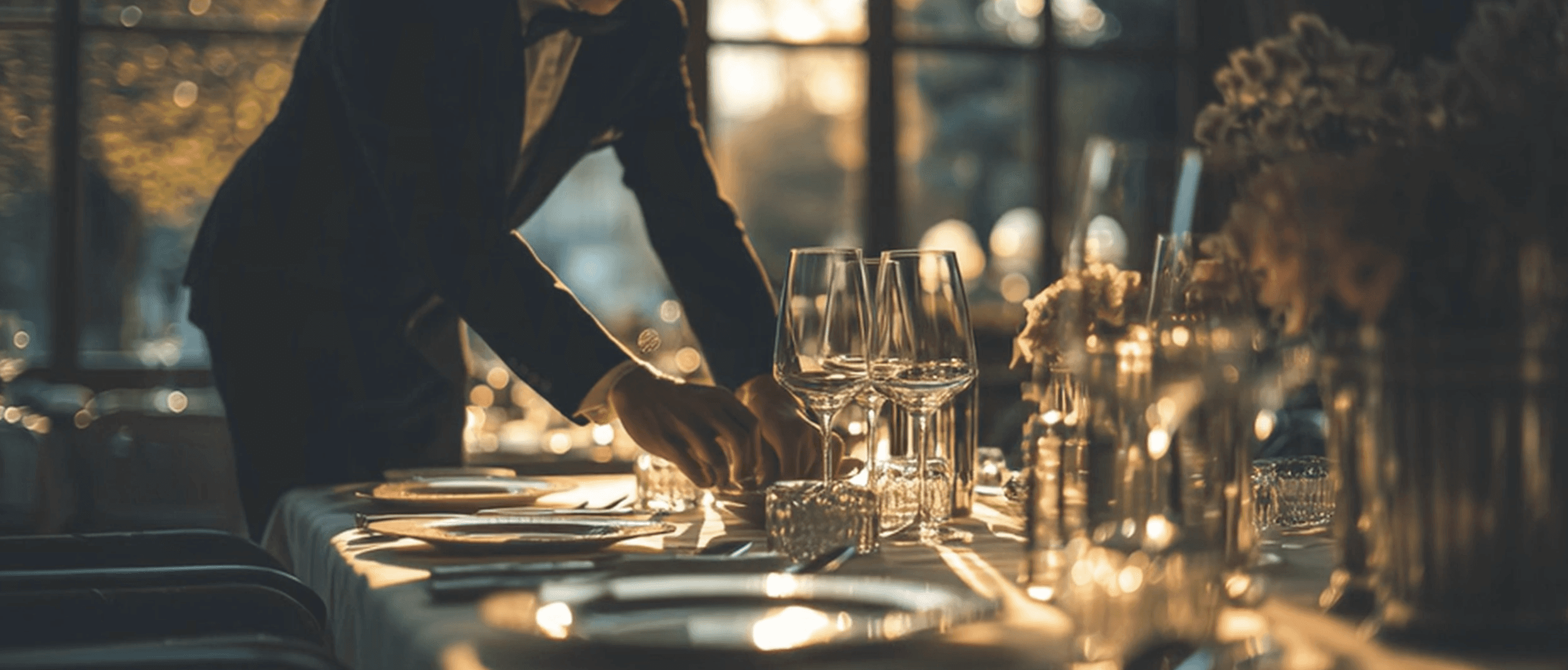 An elegant dining table softly lit, set with glassware and fine details — evoking sophistication and anticipation before an event. 