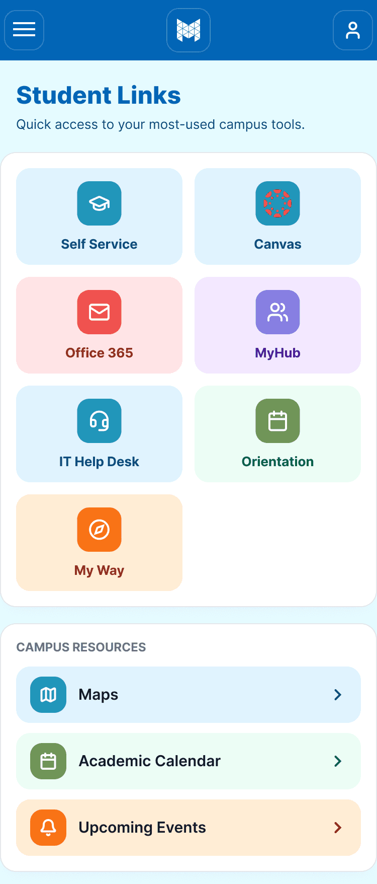 Mobile version of the redesigned extranet hub with Student Links tiles and campus resources in a scannable grid