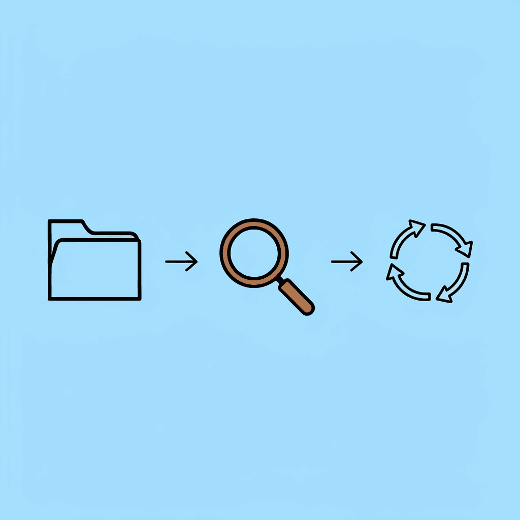 Three-step process showing how manual document management leads to lost files, messy organization, and broken workflow