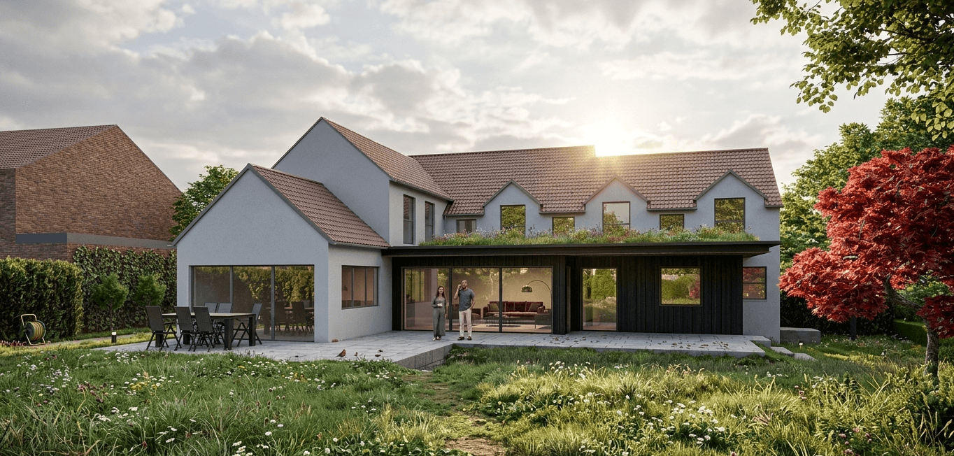 Contemporary rear extension with sedum roof and timber cladding in Gamlingay 1920s house refurbishment