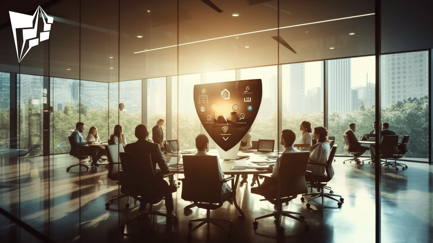 A modern corporate office environment where a team of professionals discusses data protection and information security.