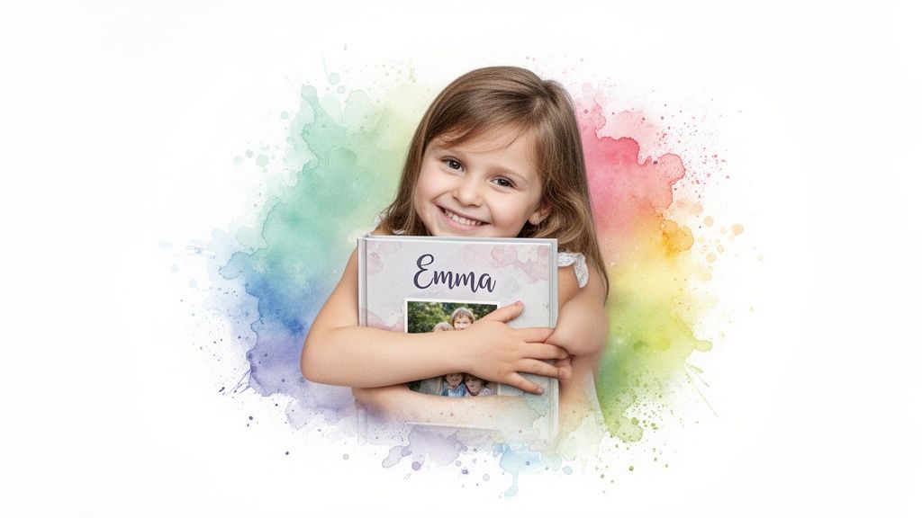 A happy young girl with long brown hair holding a personalized book titled