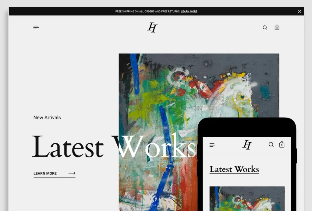 Shopify theme for an art and photo store showing 'Latest Works' on desktop and mobile