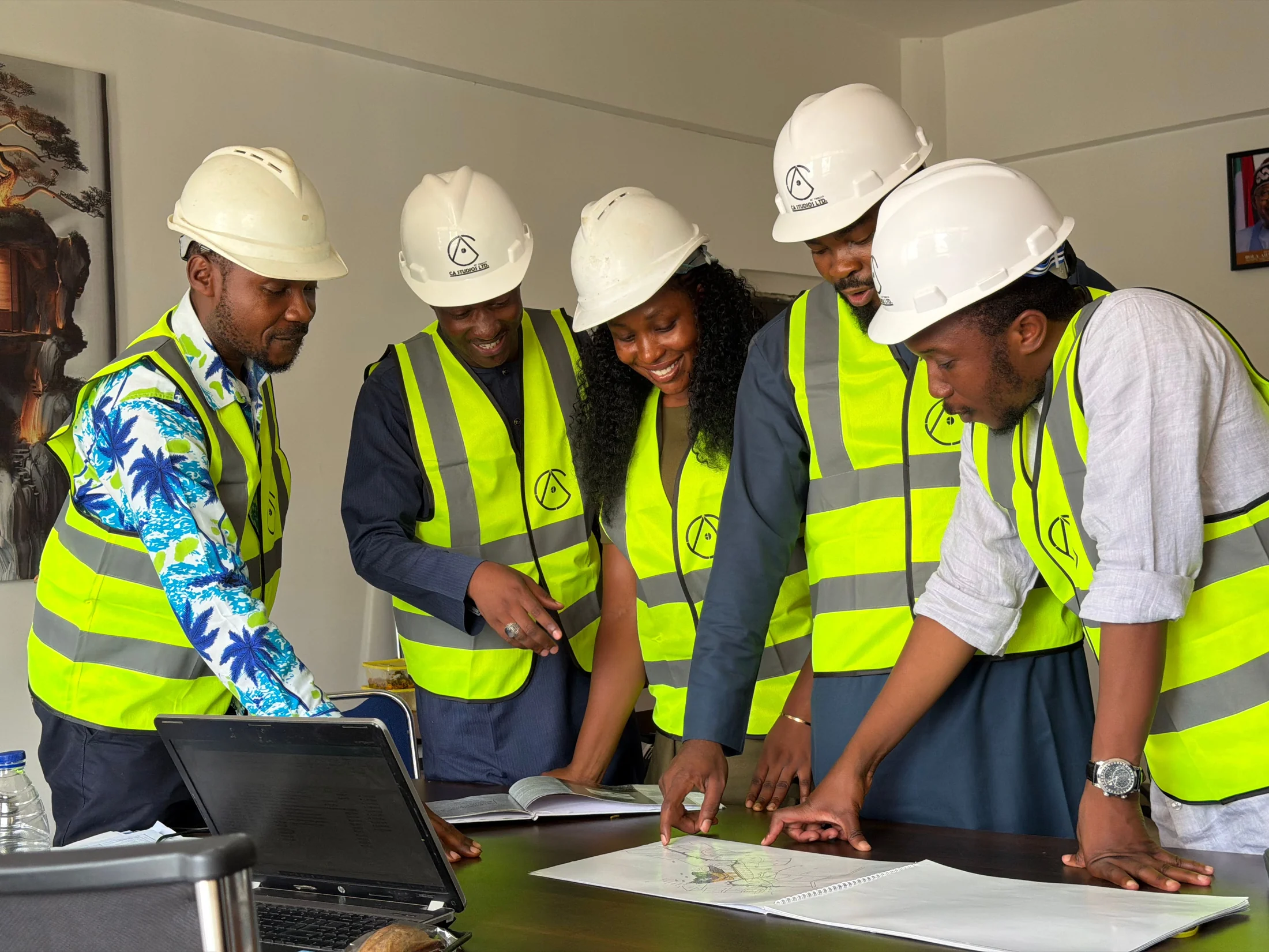 Roofing team standing together on site
