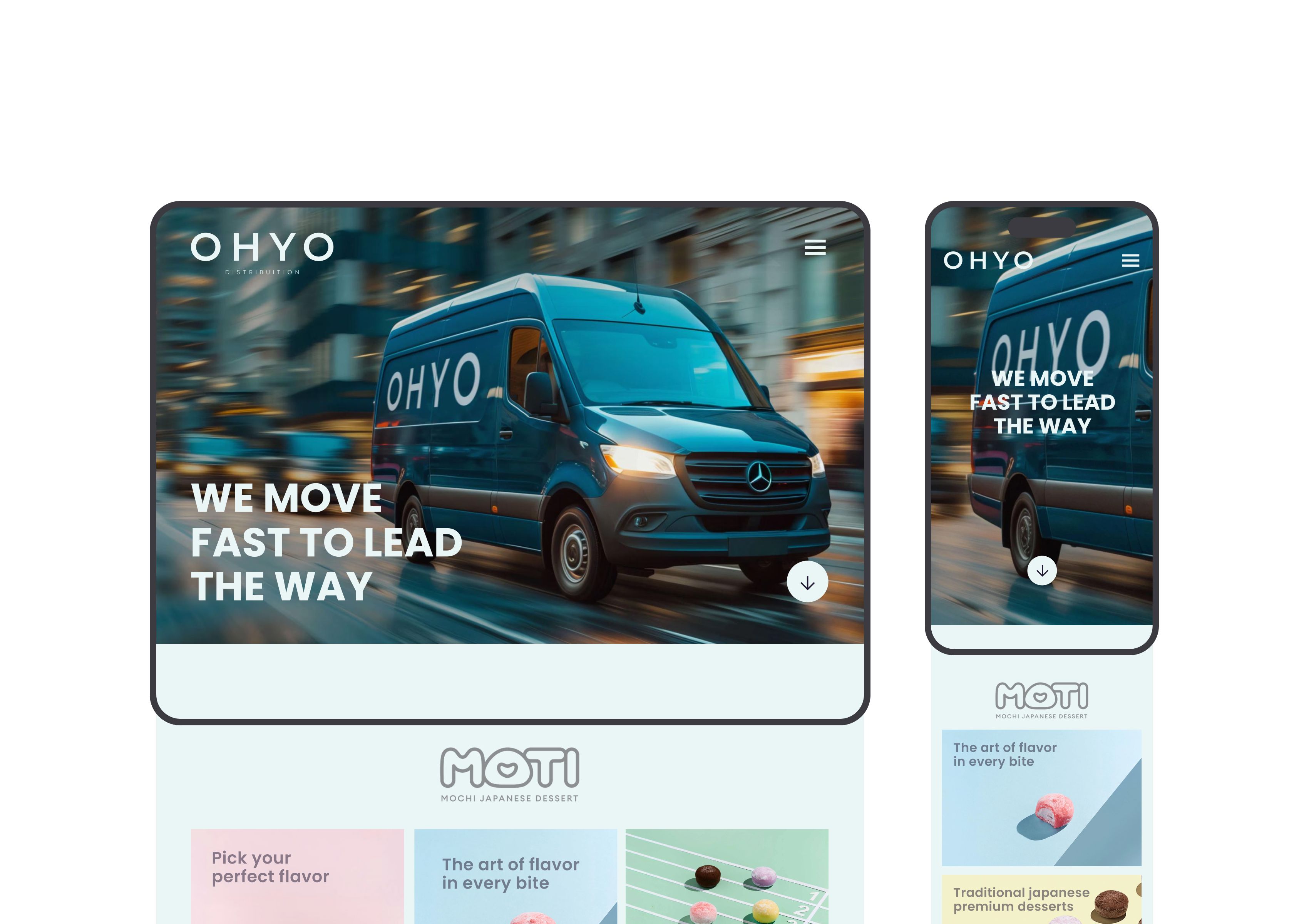 OHYO Distribution website homepage showing branded Mercedes van and corporate slogan “We move fast to lead the way”.