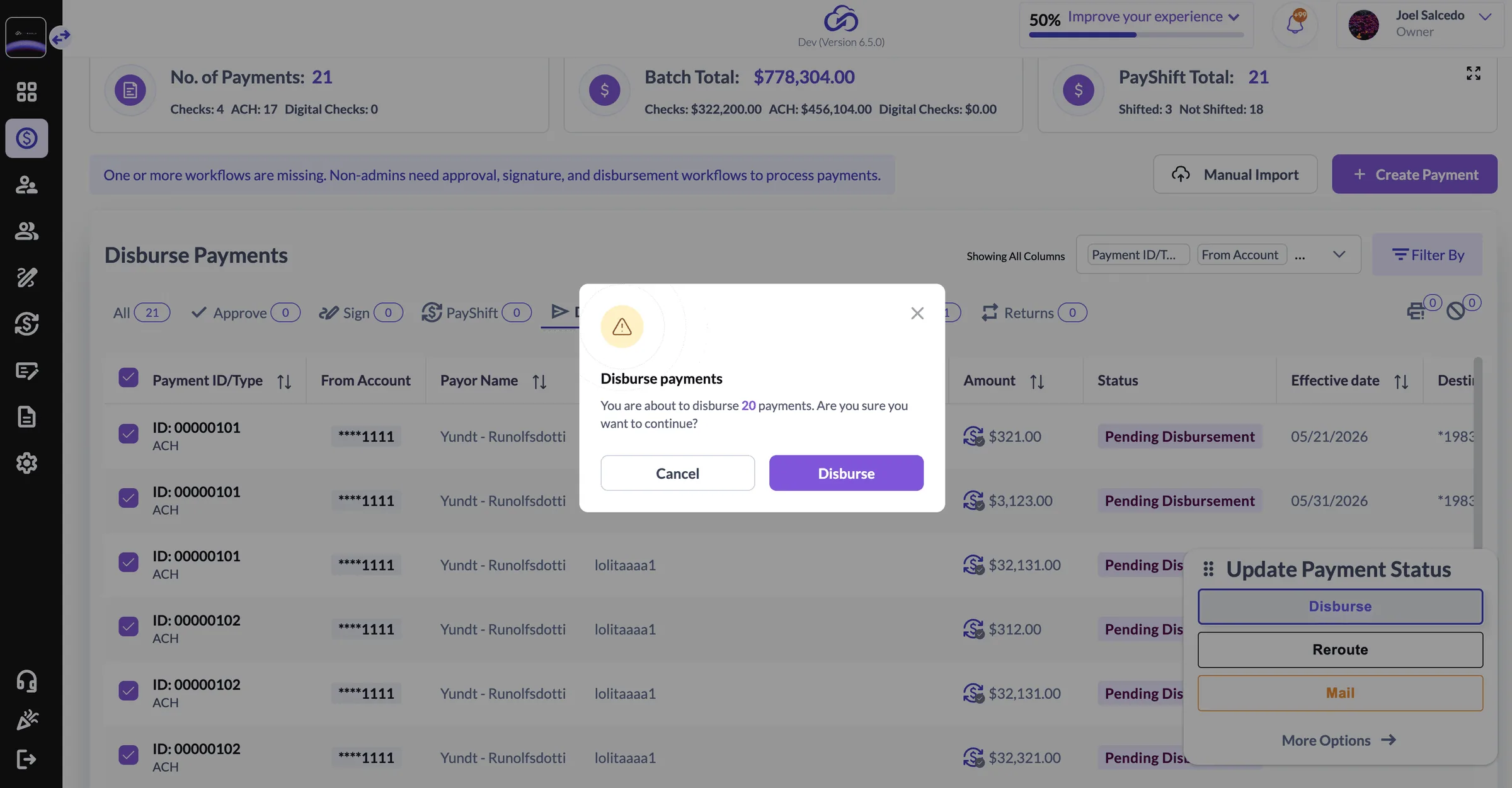 Disbursement confirmation and the actions for a payment that needs rerouting