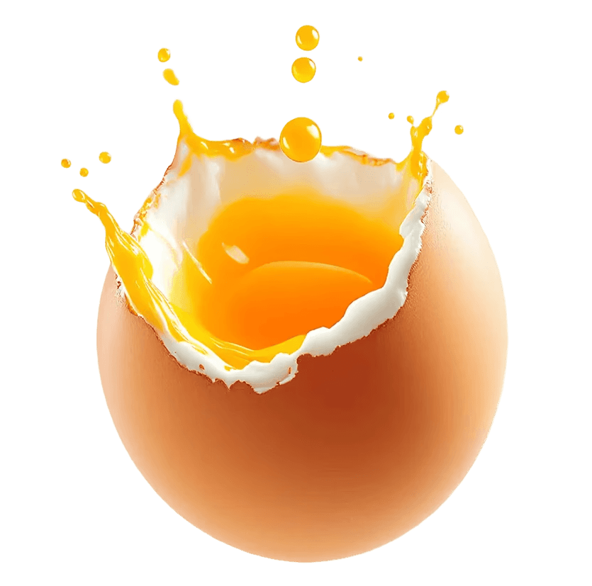 A cracked brown egg with a vibrant orange yolk splashing upwards, symbolizing fresh, high-quality egg products.