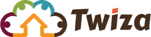 Logo Twiza avec deux maisons stylisées et des flèches colorées.