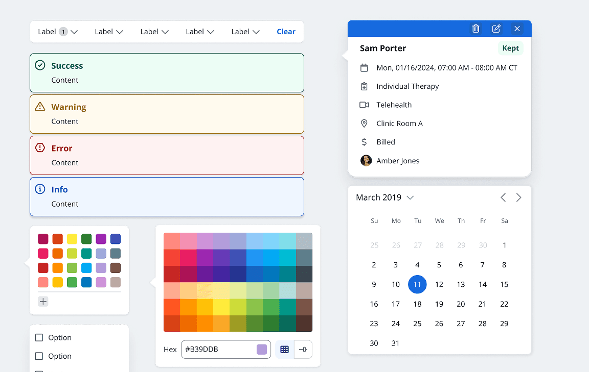 Design system interface showing color palettes, sliders, and component style controls.